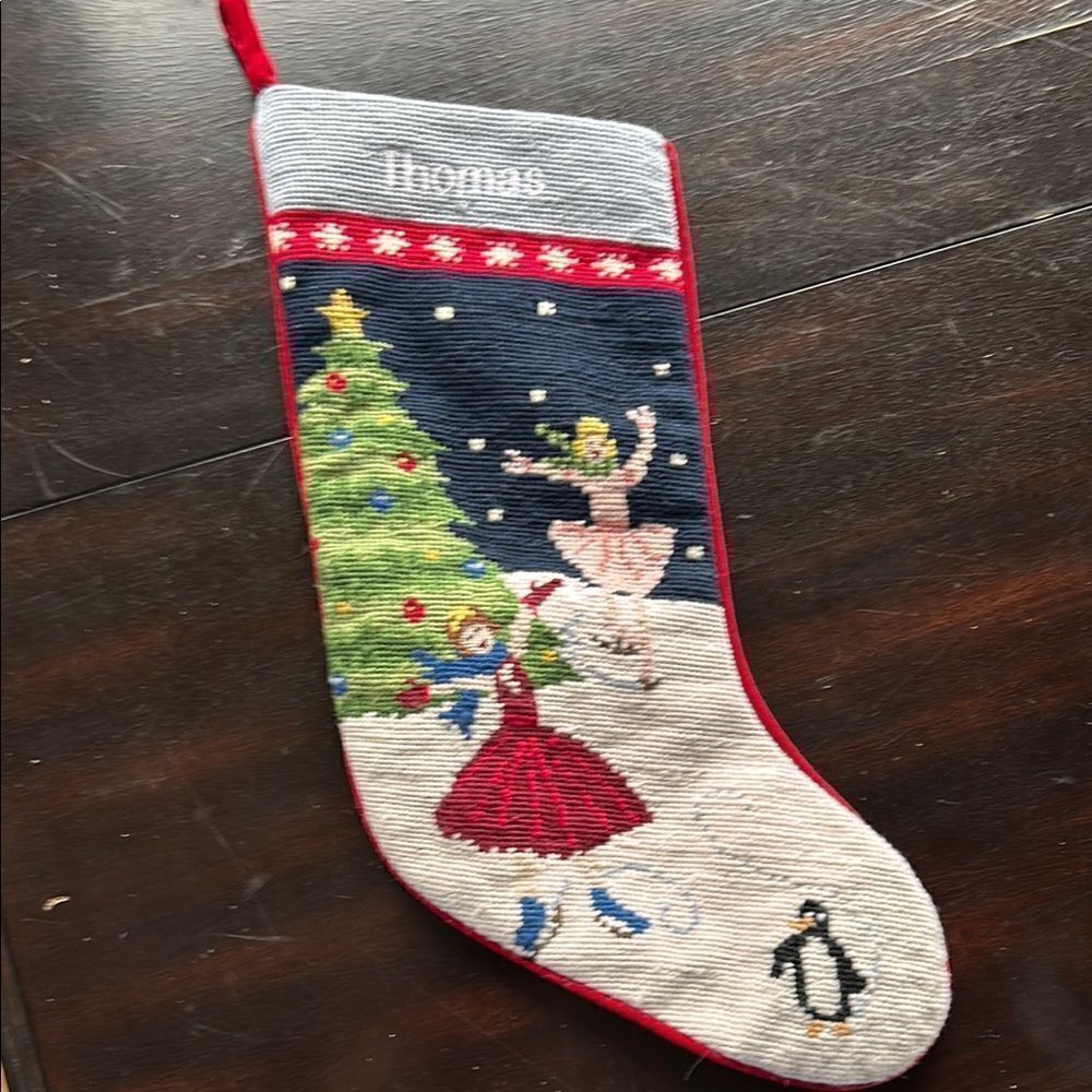 Land's End Needlepoint Christmas stocking red velvet back wool Embroidery Thomas